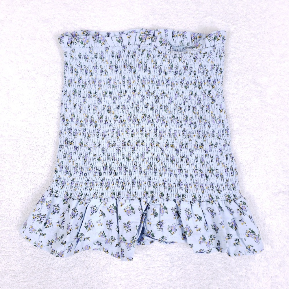 Storia Smocked Tube Top Women S Floral Strapless Cropped Ruffle Cottagecore Blue